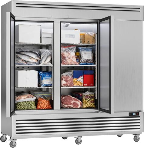 Coolake 82 "عرض الفريزر التجاري 3 أبواب صلبة، 72 قدم مكعب من الفولاذ المقاوم للصدأ يمكن الوصول إلى الفريزر العمودي مع إضاءة LED، مروحة تبريد الفريزر لمطعم بار متجر فندق منطقة إعداد المطبخ in Kuwait