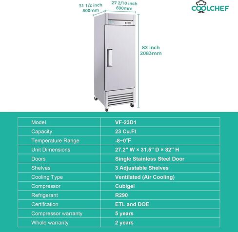 COOLCHEF 27" Commercial Freezer, 23Cu.Ft Single-Door Stainless Steel Reach-In Freezer, -8~0℉, Air Cooling, 3 Shelves, R290, ETL in Saudi Arabia