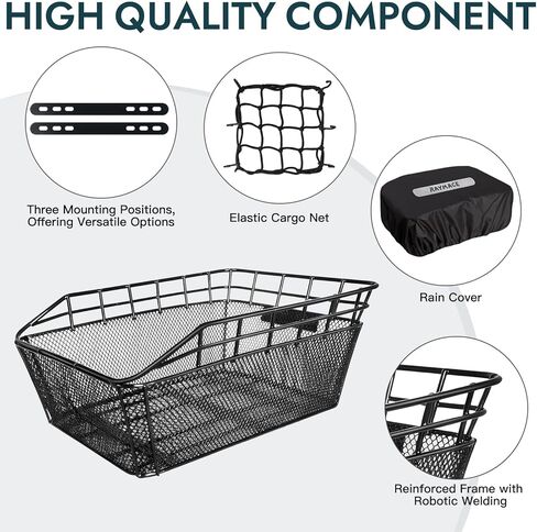RAYMACE Bike Basket Rear with Cargo Net and Waterproof Cover, Wire Bicycle Basket Large Capacity Storage, Fits for Most Bicycle and Electric Bike with Rear Rack in Kuwait