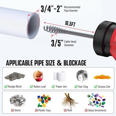 POPULO 17FT Auto Feed Drain Snake، ترقية Toliet Auger لـ 3/4 "-2" الأنابيب، سباكة الشعر استنزاف مزيل السدادة مع أنبوب تمديد ل Toliet، دش، حوض الاستحمام، المطبخ، بالوعة، 2025 PMDA-G2 in Kuwait