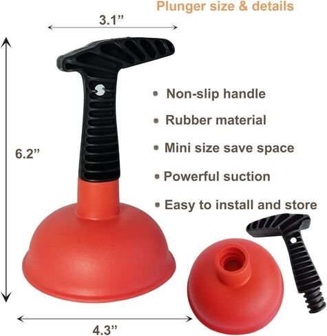 Mini Sink & Drain Plunger with Short Handle - Heavy-Duty Rubber Cup & Ergonomic Grip for Powerful Suction, Unclog Slow Drains in Sinks, Tubs, Showers, Bathrooms, Kitchens, Compact, Space-Saving Design in Kuwait