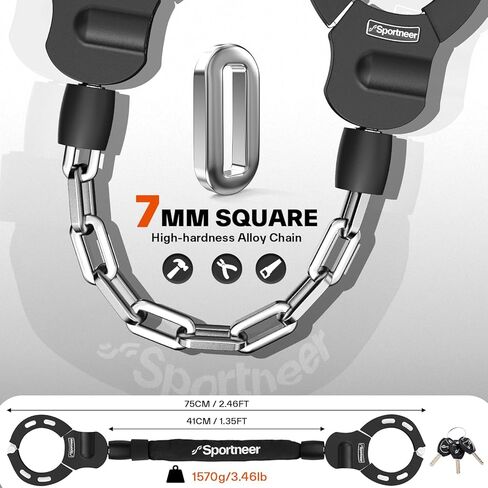 Sportneer Scooter Lock: 7mm Square Chain Anti-Theft Cut Resistant Bike Lock with 3 Keys, 2.46ft/75cm Heavy Duty 3 Position Adjustment Bike Chain Lock for E-Bike/Electric Scooters, Door, Gate in Saudi Arabia