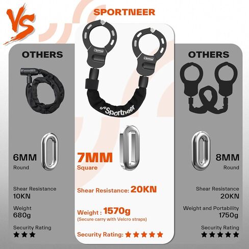 Sportneer Scooter Lock: 7mm Square Chain Anti-Theft Cut Resistant Bike Lock with 3 Keys, 2.46ft/75cm Heavy Duty 3 Position Adjustment Bike Chain Lock for E-Bike/Electric Scooters, Door, Gate in Saudi Arabia