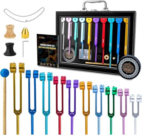 10 PCS Chakra Tuning Fork for Healing, Multi-Color Weighted Tuning Forks, Aluminum Alloy Tuning Forks with Activator & Feet (126.22-432Hz) for DNA Healing, Sound Therapy in Kuwait