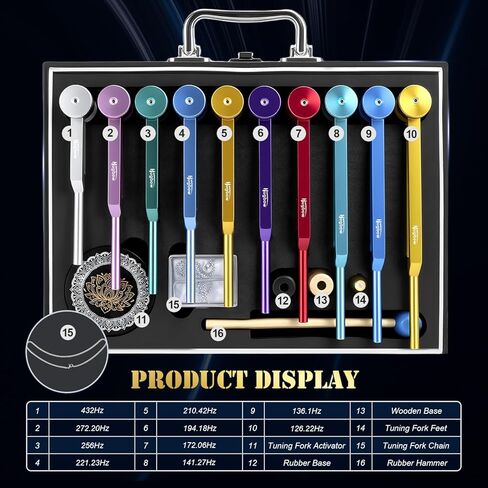 10 PCS Chakra Tuning Fork for Healing, Multi-Color Weighted Tuning Forks, Aluminum Alloy Tuning Forks with Activator & Feet (126.22-432Hz) for DNA Healing, Sound Therapy in Kuwait