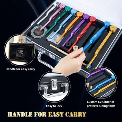 10 PCS Chakra Tuning Fork for Healing, Multi-Color Weighted Tuning Forks, Aluminum Alloy Tuning Forks with Activator & Feet (126.22-432Hz) for DNA Healing, Sound Therapy in Kuwait