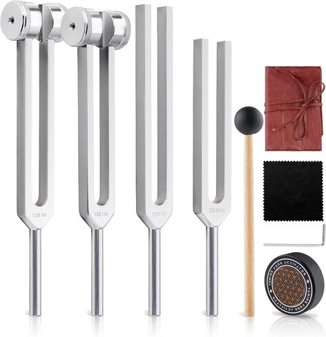 Tuning Forks for Healing Set-128Hz, 136.1Hz, 256Hz, 384Hz Weighted & Unweighted with Activator & Pouch-Complete Sound Therapy Kit for Chakra Balancing, Yoga, Meditation, Stress Relief & Energy Healing in Kuwait