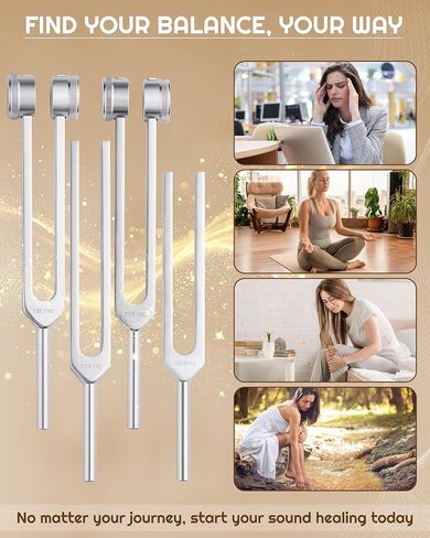 Tuning Forks for Healing Set-128Hz, 136.1Hz, 256Hz, 384Hz Weighted & Unweighted with Activator & Pouch-Complete Sound Therapy Kit for Chakra Balancing, Yoga, Meditation, Stress Relief & Energy Healing in Kuwait