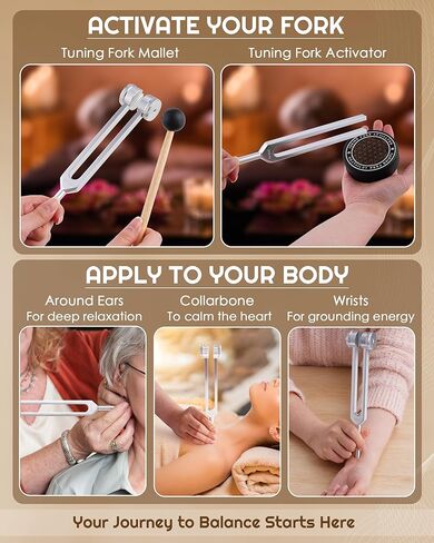 Tuning Forks for Healing Set-128Hz, 136.1Hz, 256Hz, 384Hz Weighted & Unweighted with Activator & Pouch-Complete Sound Therapy Kit for Chakra Balancing, Yoga, Meditation, Stress Relief & Energy Healing in Kuwait