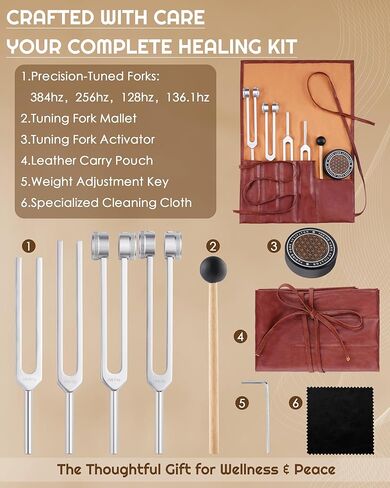 Tuning Forks for Healing Set-128Hz, 136.1Hz, 256Hz, 384Hz Weighted & Unweighted with Activator & Pouch-Complete Sound Therapy Kit for Chakra Balancing, Yoga, Meditation, Stress Relief & Energy Healing in Kuwait