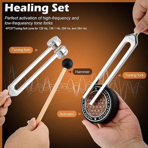 Tuning Forks for Healing Set,‌ Complete Healing Sound Set - 4-Tuning Forks (128Hz, 136.1Hz, 256Hz, 384Hz) + Accessories for Meditation, Yoga & Stress Relief‌ in Kuwait