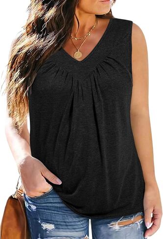 Eytino Plus Size Tank Tops for Women Summer V Neck Pleated Front Loose Casual Sleeveless Shirts Blouse(1X-5X) in Saudi Arabia