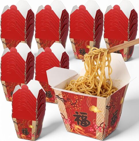 Eaasty 60 Pcs Chinese Fu Print Takeout Boxes 8oz Mini Chinese Paper Food Containers Asian Themed Party Decoration for Asian Hibachi Japanese Birthday Wedding Restaurant Party Favors Supplies (Red) in Kuwait