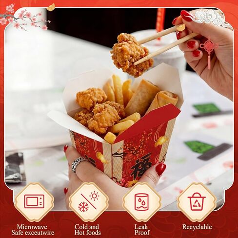 Eaasty 60 Pcs Chinese Fu Print Takeout Boxes 8oz Mini Chinese Paper Food Containers Asian Themed Party Decoration for Asian Hibachi Japanese Birthday Wedding Restaurant Party Favors Supplies (Red) in Kuwait