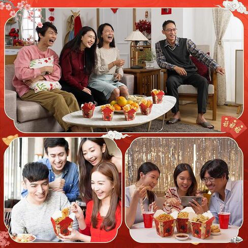 Eaasty 60 Pcs Chinese Fu Print Takeout Boxes 8oz Mini Chinese Paper Food Containers Asian Themed Party Decoration for Asian Hibachi Japanese Birthday Wedding Restaurant Party Favors Supplies (Red) in Kuwait