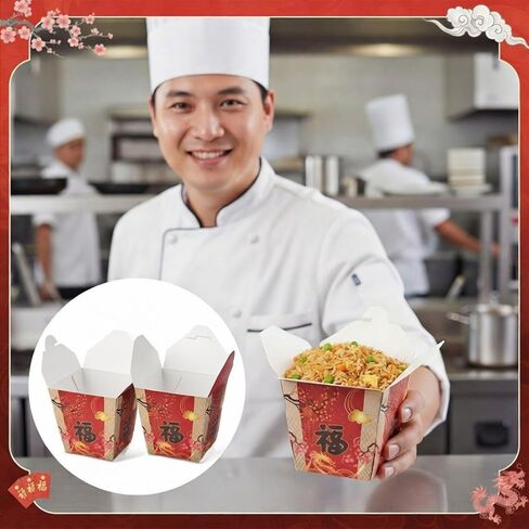 Eaasty 60 Pcs Chinese Fu Print Takeout Boxes 8oz Mini Chinese Paper Food Containers Asian Themed Party Decoration for Asian Hibachi Japanese Birthday Wedding Restaurant Party Favors Supplies (Red) in Kuwait