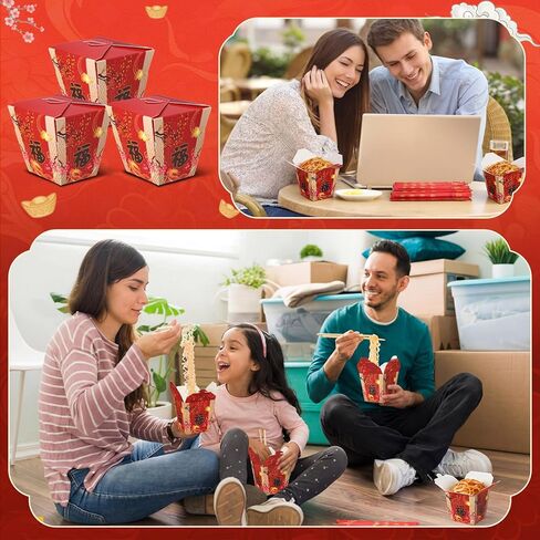 Eaasty 60 Pcs Chinese Fu Print Takeout Boxes 8oz Mini Chinese Paper Food Containers Asian Themed Party Decoration for Asian Hibachi Japanese Birthday Wedding Restaurant Party Favors Supplies (Red) in Kuwait