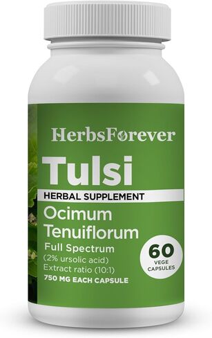 HerbsForever Tulsi (Holy Basil)-Extra Strength (10:1)Extract, Equiv.to 2250mg Leaves Powder Per Serving- Supports Immunity,Respiratory & Stress Relief|Antioxidant|2%Ursolic Acid|60Veg Capsules|750mg in Kuwait