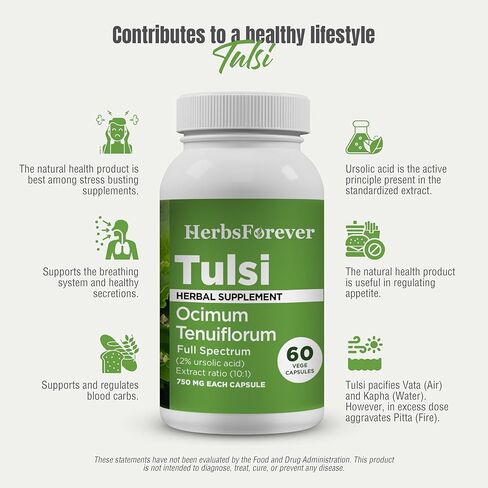 HerbsForever Tulsi (Holy Basil)-Extra Strength (10:1)Extract, Equiv.to 2250mg Leaves Powder Per Serving- Supports Immunity,Respiratory & Stress Relief|Antioxidant|2%Ursolic Acid|60Veg Capsules|750mg in Kuwait