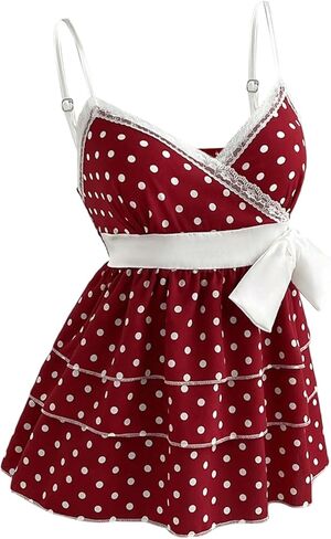 Verdusa Women's Polka Dots Lace V Neck Camisole Tops Sleeveless Layered Ruffle Peplum Shirts in Saudi Arabia