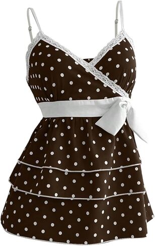 Verdusa Women's Polka Dots Lace V Neck Camisole Tops Sleeveless Layered Ruffle Peplum Shirts in Saudi Arabia