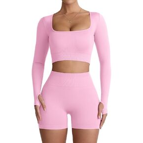 طقم تمرين مكون من قطعتين للنساء بأكمام طويلة وسروال قصير متطابق عالي الخصر ومؤخرة ضيقة أطقم ملابس لليوجا in Kuwait