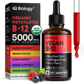 Organic Vitamin B12 Liquid Drops - Sublingual Methylcobalamin 5000 mcg - Methylated B-12 Active Coenzyme Form - Energy & Nerve System Support - Vegan Vit B 12 - USA Made - Berry Flavor - 60 servings in Kuwait