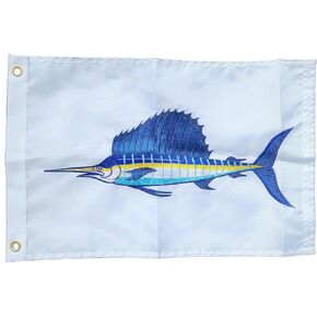 Embroidered Sailfish Catch Flag, Marine Fishing Pennant, 100% 300D Nylon, White, 12x18 Inch, with Canvas Header and Rust-Resistant Grommets in Saudi Arabia