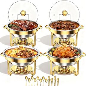 4 Pack Gold Round Chafing Dishes for Buffet, 5 QT Food Warmers and Cold Food Server for Parties, Events Hosting, Family Gatherings, Full Set Catering Supplies with Serving Utensils Accessories in Saudi Arabia