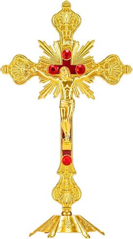 Calculs Metal Jesus Crucifix Table Cross - Catholic Table Cross With Stand For Christian Prayers Jerusalem Home Decor 8" Gold in Saudi Arabia