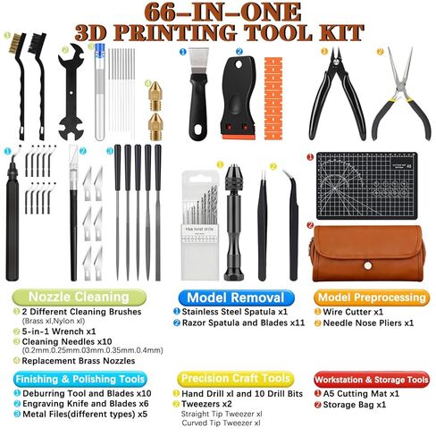 مجموعة أدوات طابعة ثلاثية الأبعاد مكونة من 66 قطعة مع حقيبة تخزين، وملحقات الكل في واحد لطابعات FDM/SLA - أداة إزالة الأزيز، وكاشطات، ومبردات معدنية، وفرش، ومثقاب يدوي، وملاقط والمزيد، لمختبر بامبو، وإندر 3، وكبرا in Kuwait