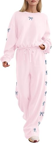 2 Piece Lounge Outfits Bow Trim Hooded Sweatshirt Sweatpants Set Crew Neck Sweatshirt Wide Leg Sweatpants Tracksuit in Kuwait