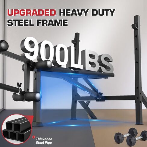 Adjustable Weight Bench Press Set 900LBS with 72''W Squat Rack & Leg Extension/Curl Foldable Workout Bench for Full Body Fitness Flat/Incline/Decline Upgrade Weight Benches for Home Gym in Kuwait