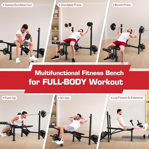 Adjustable Weight Bench Press Set 900LBS with 72''W Squat Rack & Leg Extension/Curl Foldable Workout Bench for Full Body Fitness Flat/Incline/Decline Upgrade Weight Benches for Home Gym in Kuwait