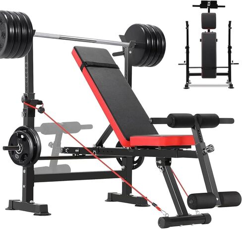 OPPSDECOR 900 LBS Weight Bench Set with Squat Rack, Adjustable Bench Press Set with Leg Extension and Leg Curl, Foldable Flat/Incline/Decline Workout Bench for Home Gym in Kuwait