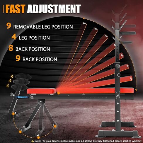 OPPSDECOR Adjustable Weight Bench Set With Removable Rowing Leg Catch, 600LBS Foldable Bench Press Set with Squat Rack Flat Incline Sit Up Workout Bench for Home Gym Strength Training in Kuwait