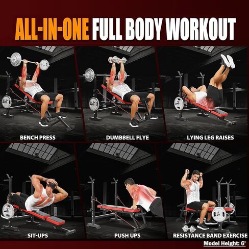 OPPSDECOR Adjustable Weight Bench Set With Removable Rowing Leg Catch, 600LBS Foldable Bench Press Set with Squat Rack Flat Incline Sit Up Workout Bench for Home Gym Strength Training in Kuwait