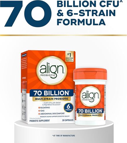 Align Probiotic, 70 مليار CFU، مزيج من 6 سلالات، بروبيوتيك للنساء والرجال، بروبيوتيك يومي لصحة الجهاز الهضمي، يساعد على تخفيف الانتفاخ والغازات العرضية، 30 كبسولة in Kuwait