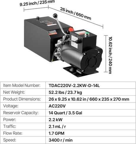 VEVOR 14 Quart Hydraulic Power Unit, Single Acting Steel Dump Trailer Pump, 3200 PSI Max Relief Pressure & 1.7 GPM Flow Rate, 220-240V Hydraulic Pump with Metal Reservoir for Dump Trailer Car Lifting in Saudi Arabia