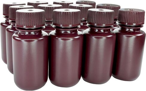 EISCO - Pack of 12, Sterile 60mL Wide Mouth Amber HDPE Reagent Bottles with Polypropylene Caps, Leak-Proof, UV Light Protection for Laboratory Samples, Durable Chemical-Resistant Lab Containers in Saudi Arabia