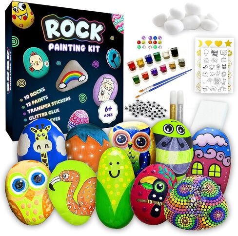 طقم الطلاء الصخري - توهج في The Dark ، 60+ PCS Arts and Crafts Rock Painting Kit للأطفال 6-12 ، اللوازم الفنية مع الوهج والدهانات القياسية ، ألعاب في الهواء الطلق للبنين والبنات عيد ميلاد وهدايا عيد الفصح in Kuwait