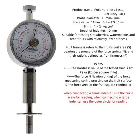 Fruit Hardness Tester Fruit Penetrometer Sclerometer Hand Fruit Durometer Hardness Tester Two Pressure Head SR 8mm SR 11mm 0.5-12kg/cm2 and 1-24kg/cm2 Fruit Hardness Tester Meter Gage in Kuwait