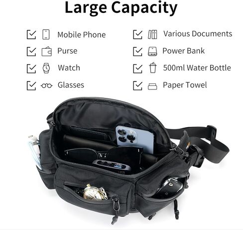 reeyee N10 Utility Cycling Waist Pack, 6.5L Expandable Motorcycle Hip Bag, 840D CORDURA Water-Resistant Sling Bag with Quick-Release Magnetic Buckle & Reflective Zipper for Hiking, Commuting - Black in Kuwait