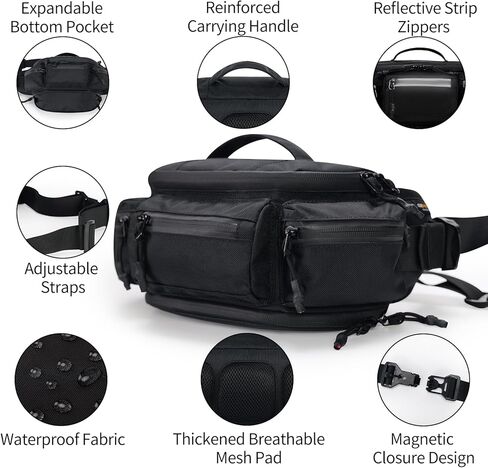 reeyee N10 Utility Cycling Waist Pack, 6.5L Expandable Motorcycle Hip Bag, 840D CORDURA Water-Resistant Sling Bag with Quick-Release Magnetic Buckle & Reflective Zipper for Hiking, Commuting - Black in Kuwait