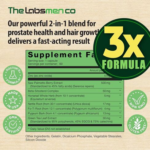 3X Formula Natural Prostate Health Supplements for Men - Saw Palmetto Reduce Nighttime Bathroom Trips + Hair Growth/Hair Loss Prevention, 2-Mons (60 Count (Pack of 1)) in Saudi Arabia
