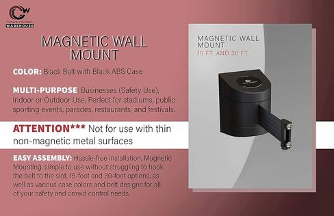 Crowd Control Warehouse - CCW Series WMB-230 Magnetic Wall Mount Retractable Belt Barrier - 30 Foot, Black Belt with Black ABS Case in Saudi Arabia