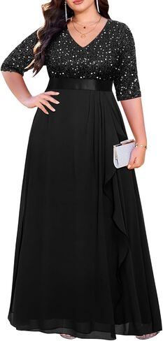 Plus Size Formal Dresses - V Neck 3/4 Sleeves Sequin Evening Gowns Prom Gala Wedding Guest Chiffon Long Maxi Dress in Saudi Arabia