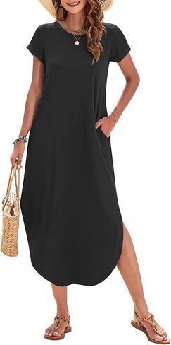 WNEEDU Womens Summer Dresses Casual Loose Short Sleeve Long T Shirt Dress Split Maxi Beach Sundress Travel Vacation Outfits in Kuwait