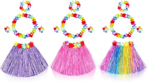محظوظين JDS 2 يضع Girl's Hawaiian Hula Dance Grass Skirt مع مجموعة من الأزياء الزهرة لحفلة Luau Tropical Beach Party in Kuwait