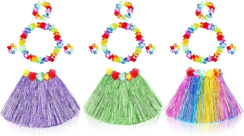 محظوظين JDS 2 يضع Girl's Hawaiian Hula Dance Grass Skirt مع مجموعة من الأزياء الزهرة لحفلة Luau Tropical Beach Party in Kuwait